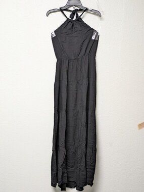 Romantic Hut Black Halter Neck Back Tie Closure Tiered Maxi Dress - Large